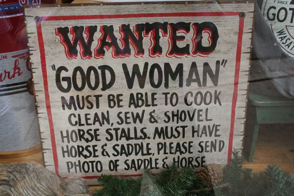 Billede: WANTED "Good Woman"
Must be able to cook, clean, sew and shovel horse stalls. Must have horse and saddle. Please, send photo of saddle and horse 😂
Jeg så dette wanted opslag i Park City i Utah, USA. Gad vide om fyren havde heldet med sig?